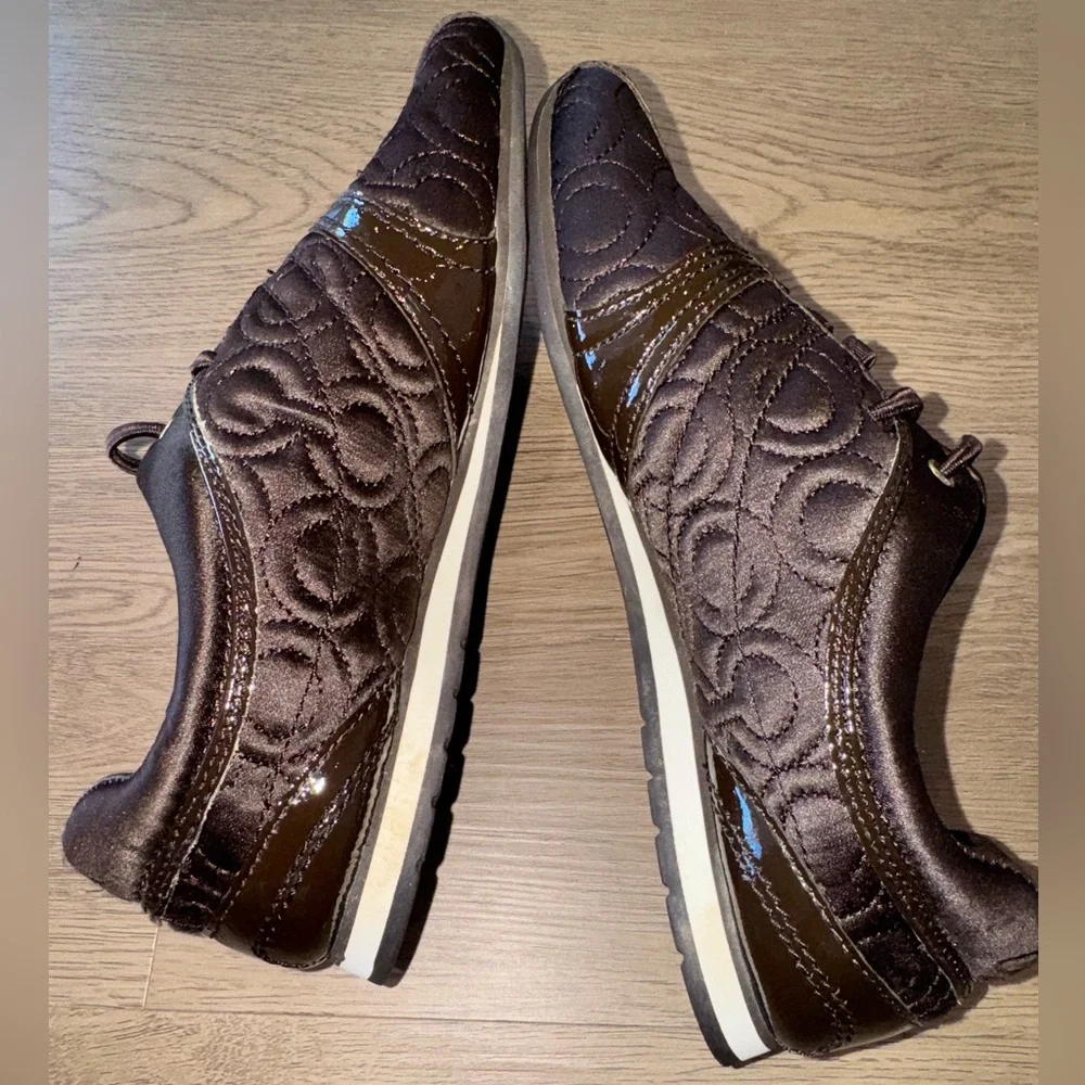 Coach Kellee Brown Quilted Satin And Patent Leather Trim Sneakers Women’s Sz 6.5